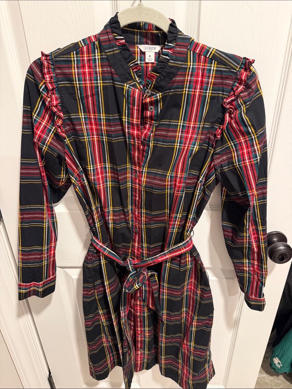 J. Crew Black and Red Plaid Ruffle Shirt Dress with Belt